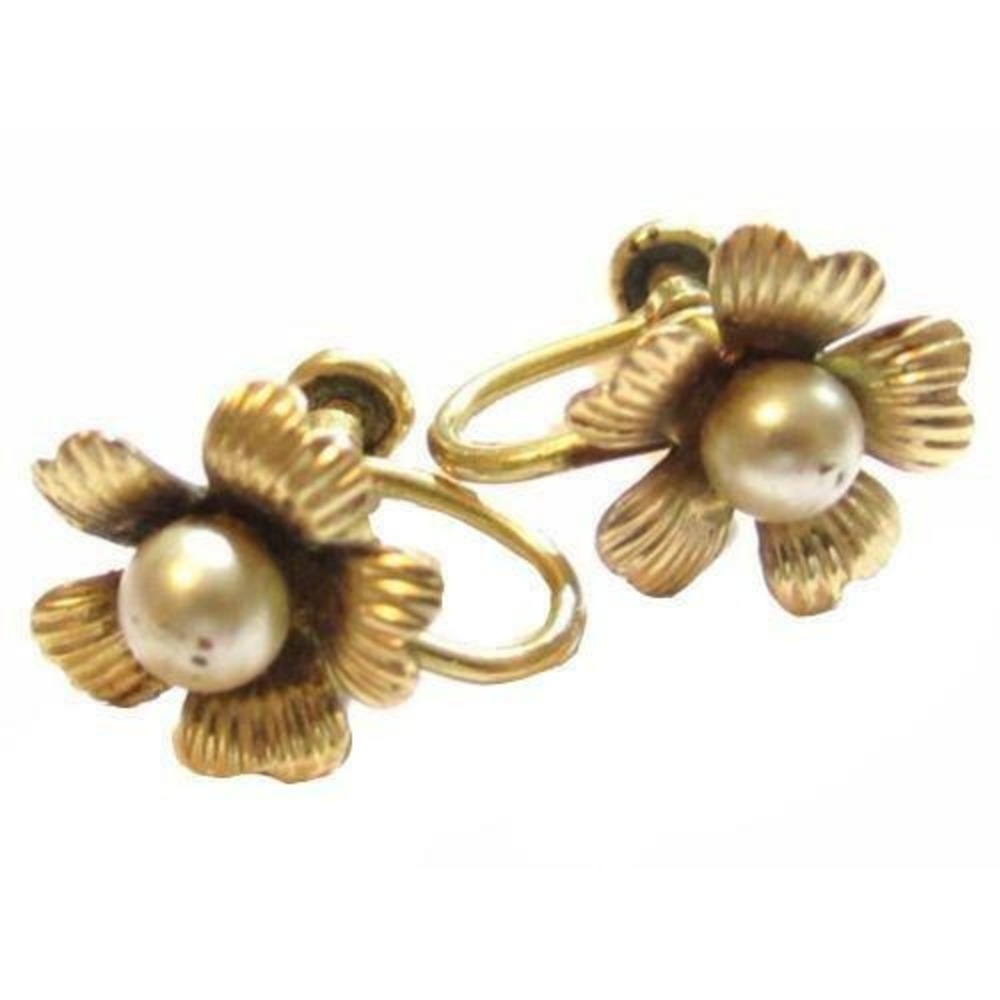 Antique Signed Van Dell 12K‎ Gold Filled Flower And Faux Pearl SB Earrings